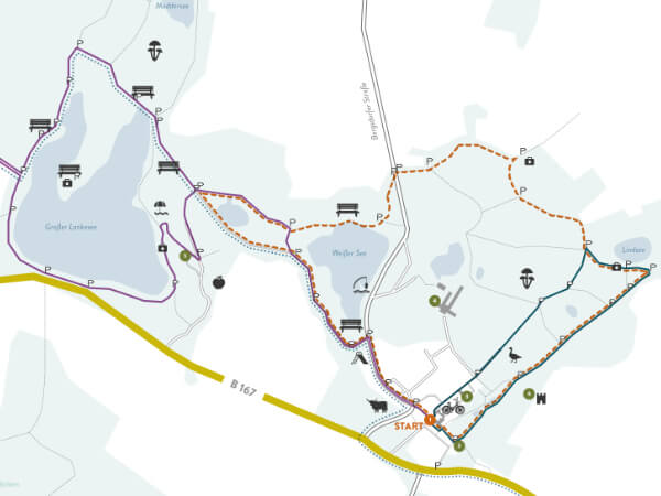 Weitere Freizeitangebote auf einer Karte mit skizzierten Lauf- und Wanderstrecken rund um Liebenberg